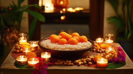 A serene festive table setting featuring a bowl of rice topped with fresh oranges surrounded by glowing candles, creating a warm and inviting atmosphere perfect for celebration.の素材