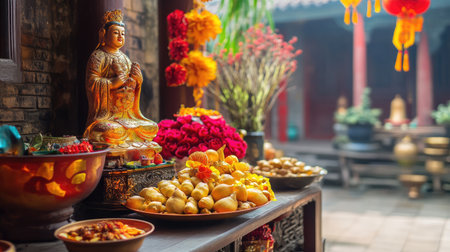 A peaceful festival shrine featuring a serene Buddha statue surrounded by vibrant offerings of fruits, flowers, and decorations, exuding cultural richness and spiritual harmony.の素材