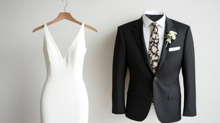 A beautiful bridal dress and groom suit are elegantly displayed together, symbolizing unity and love in preparation for a wedding celebration. Ideal for planning.の素材
