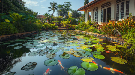 A serene garden pond filled with vibrant water lilies and koi fish, surrounded by lush greenery, offers a peaceful escape in a tropical setting.の素材