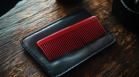 A red plastic comb rests on a black leather case, elegantly set upon a wooden table. This stylish arrangement highlights essential grooming tools for personal care.の素材