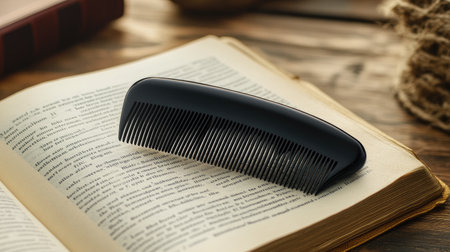 A sleek black hair comb rests on an open book, surrounded by a warm wooden setting. Ideal for themes of grooming, reading, and relaxation.の素材