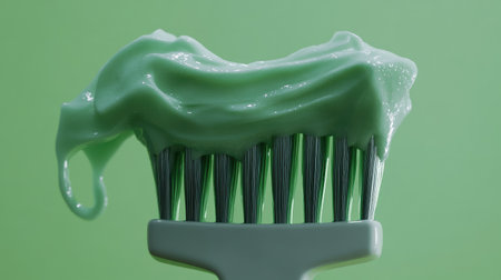 Close-up view of a toothbrush coated with mint green toothpaste against a vibrant background. Ideal for themes like dental care and personal hygiene.の素材