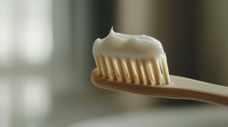 A close-up shot of a bamboo toothbrush holding organic toothpaste, showcasing an eco-friendly approach to dental hygiene and self-care routines in a modern lifestyle.の素材