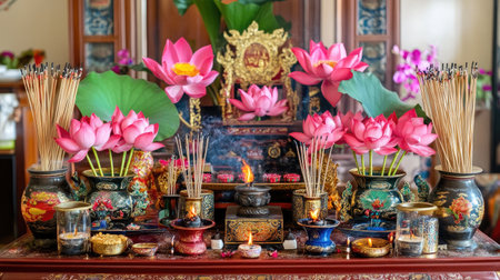 This captivating image showcases a serene Buddhist altar adorned with vibrant lotus flowers and fragrant incense. The scene evokes tranquility and spiritual devotion.の素材