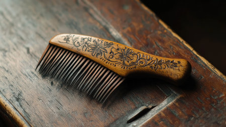 This elegant wooden comb features intricate floral designs, showcasing artisanal craftsmanship. Perfect for hair care or as a decorative piece on rustic tables.の素材