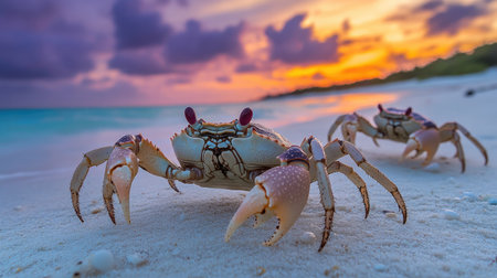 Three crabs walk along a sandy beach at sunset, showcasing a colorful sky and tranquil ocean waves. This serene moment captures nature's beauty.の素材