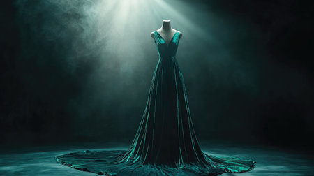 A stunning emerald dress displayed on a mannequin, illuminated by dramatic lighting in a dark studio setting, highlighting its elegant design and luxurious fabric.の素材