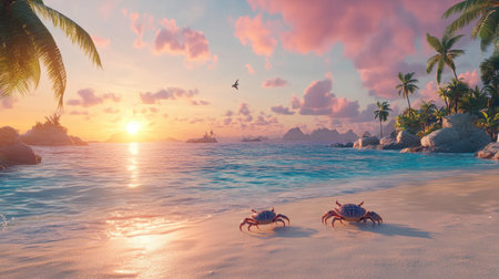 A picturesque tropical beach scene captures crabs on a sandy shore during a stunning sunset. The vibrant colors of the sky and calm ocean create a serene atmosphere, ideal for relaxation and escapism.の素材