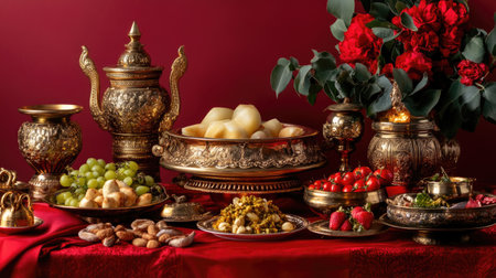 A beautifully arranged table featuring an array of traditional cuisine, colorful fruits, and ornate decor. Perfect for celebrations and gatherings.の素材