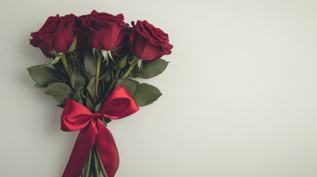 A stunning bouquet of elegant red roses adorned with a satin ribbon, perfect for expressing love and admiration. Ideal for celebrations and gifts.の素材