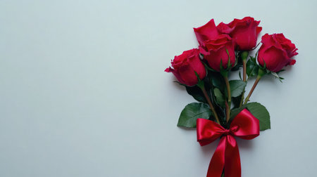 A beautiful arrangement of elegant red roses adorned with green leaves and a red ribbon, set against a soft light background, perfect for celebrations.の素材