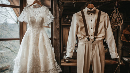 A beautiful wedding dress and a classic suit hang gracefully, showcasing intricate lace details and timeless elegance in a cozy rustic setting.の素材