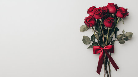A beautiful bouquet of fresh red roses tied with a red ribbon, featuring lush green leaves. Perfect for romantic gifts, special occasions, or celebrations.の素材