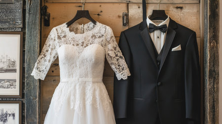 A stunning wedding dress and classic suit elegantly displayed, capturing the essence of romance and style in a beautiful bridal suite setting. Perfect for wedding-themed projects.の素材