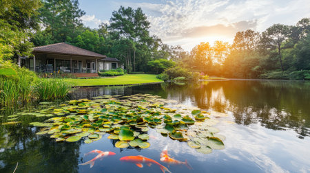 A serene lakeside retreat captured during sunset, featuring koi fish swimming among lily pads, lush greenery surrounding the pond, and a charming house in the backdrop.の素材