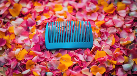 A blue plastic comb rests on a bed of colorful petals, creating a vibrant and cheerful scene ideal for beauty and grooming themes.の素材