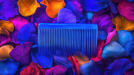 A bright blue comb sits atop an array of vibrant petals, showcasing a lively and colorful scene. The composition is both playful and artistic, perfect for beauty or nature themes.の素材