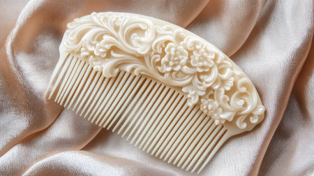This vintage plastic comb features an ornate floral design and rests elegantly on a silk background, showcasing beauty and craftsmanship. Perfect for styling and aesthetic appeal.の素材