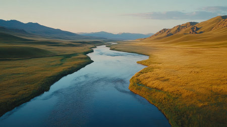 A tranquil river meanders through golden grasslands surrounded by majestic mountains, showcasing the beauty of untouched nature and serene landscapes.の素材