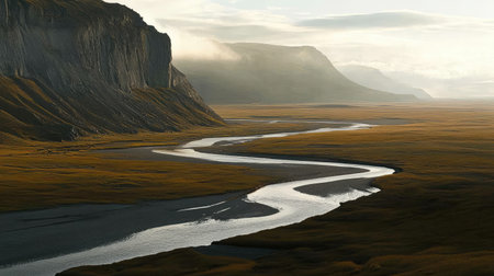 A breathtaking view of a curving river flowing through a vast valley, framed by majestic mountains under soft light, evoking peace and natural beauty.の素材