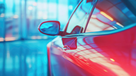 A sleek modern car positioned in a contemporary urban setting, featuring vibrant light reflections that enhance its stylish design and smooth surface.の素材