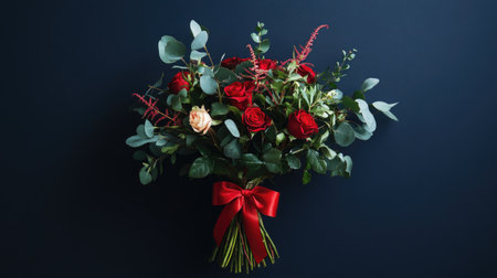 A stunning bouquet featuring red roses surrounded by fresh greenery and a luxurious ribbon. Perfect for gifting on special occasions or enhancing any decor.の素材
