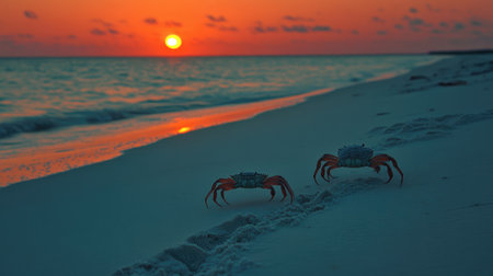 Two crabs traverse a pristine beach under a vibrant sunset, showcasing natureの素材