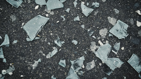 This image showcases a collection of broken glass shards scattered on a dark surface, emphasizing the hazardous nature of the debris and its potential dangers.の素材