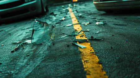 A dramatic scene showcasing shattered glass scattered across an empty road. The reflection of light creates a striking contrast in the dark surroundings, evoking a sense of aftermath and uncertainty.の素材