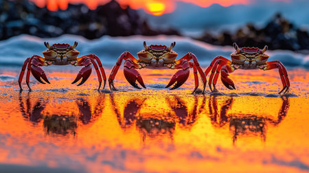 Three vibrant crabs scuttle across a sandy beach at sunset, casting stunning reflections on the wet sand. The colorful scene highlights nature's beauty.の素材