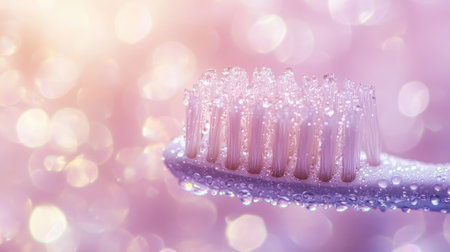A close-up view of a wet toothbrush showcasing water droplets on colorful purple background. Ideal for themes of cleanliness and dental health.の素材