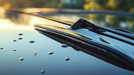 A close-up image showcasing water droplets on a car hood, reflecting soft sunlight and nature. This photo emphasizes the beauty and detail of modern vehicle design.の素材