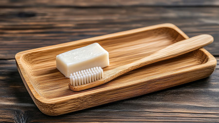 This image features a bamboo tray displaying a bar of soap and a wooden toothbrush. Ideal for promoting sustainable bathroom products and natural hygiene solutions.の素材