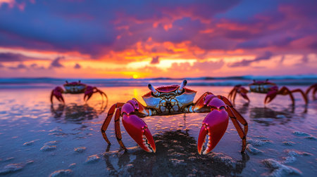 This captivating image features colorful crabs on a sandy beach during sunset. The dramatic sky enhances the serene atmosphere, showcasing nature's beauty.の素材