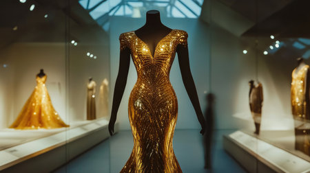 A stunning golden evening gown showcased in a fashion museum, highlighting intricate craftsmanship. The display emphasizes elegance and style.の素材