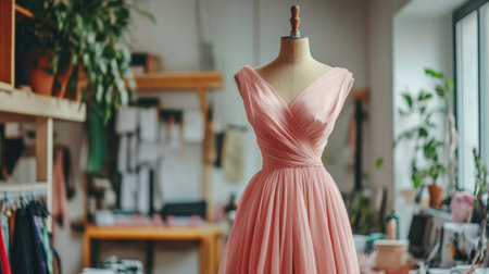 A beautifully crafted pink dress displayed on a mannequin in a vibrant fashion design studio. The creative workspace showcases a blend of elegance and artistic inspiration.の素材