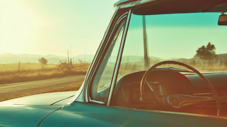 A captivating view of a classic car interior highlighting its vintage dashboard against a serene sunset landscape, evoking feelings of nostalgia and adventure.の素材