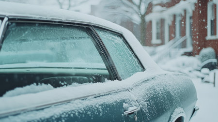 A vintage car covered in snow parked on a quiet street, illustrating the serenity of winter. Snowflakes fall softly, creating a peaceful and nostalgic ambiance.の素材