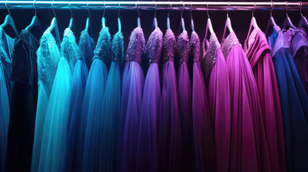 A stunning array of elegant evening gowns in vibrant colors hangs gracefully in a row. The dresses showcase luxurious fabrics and intricate details, perfect for formal events.の素材