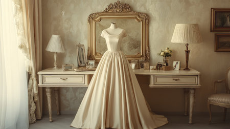A stunning bridal gown showcased in a vintage dressing room, featuring soft drapes, elegant decor, and a beautiful mirror, perfect for wedding inspiration.の素材