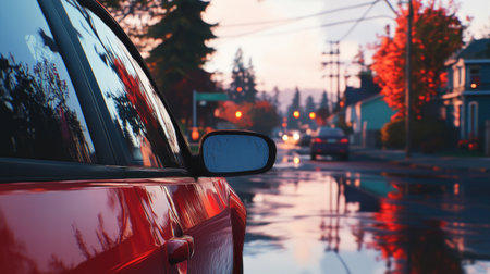 A captivating scene showcasing a red car reflecting the colors of sunset in an urban setting. The serene street captures the beauty of evening light and nature.の素材