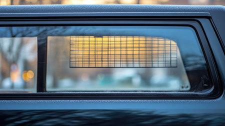 A close-up of a frosted car window showcasing intricate patterns and reflections. The soft bokeh in the background enhances the serene winter atmosphere.の素材