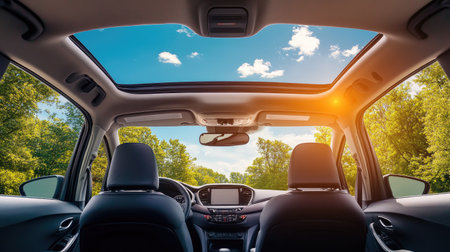 View from inside a car showcasing a spacious interior with a sunroof, bright blue sky, and lush green trees, creating a sense of freedom and adventure.の素材