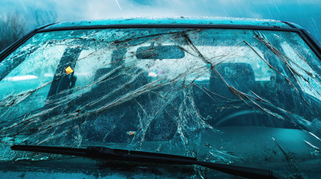 An abandoned vehicle with a shattered windshield under a rain-soaked sky, offering a haunting glimpse of neglect and decay in an urban environment.の素材