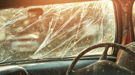 An evocative image of an abandoned car interior, showcasing dust and cobwebs illuminated by soft sunlight, evoking a sense of nostalgia and decay.の素材