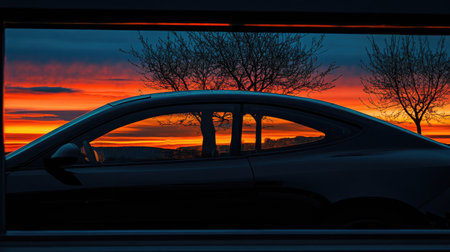 A stunning silhouette of a car framed by a vibrant sunset, showcasing the interplay of color in the sky and the peace of nature with trees in the background.の素材