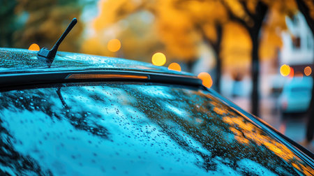 A close-up view of a wet car roof capturing rain droplets and colorful autumn reflections, showcasing the tranquil beauty of a city street in fall.の素材