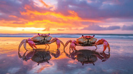 Two crabs stand on the wet sand of a beach during a stunning sunset, reflecting vibrant colors of the sky in the tranquil water, showcasing nature's beauty.の素材