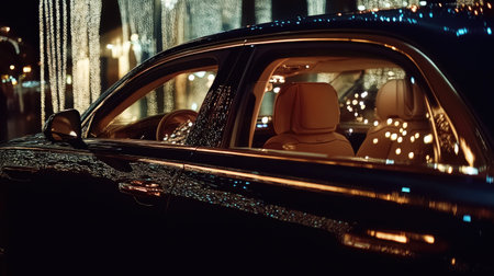 A stylish car interior showcases a premium leather seat amidst glowing lights and festive decorations, creating an inviting and elegant atmosphere for travel.の素材